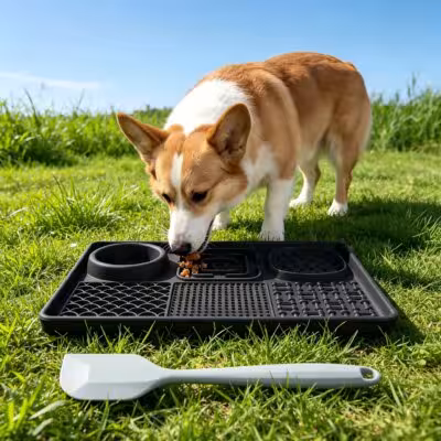 Tapis de léchage en silicone pour chiens et chats avec ventouses, pour une alimentation lente.
