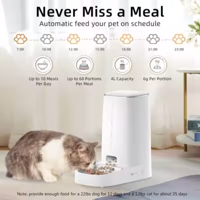 Distributeur automatique WiFi ROJECO pour chats et chiens avec application mobile, capacité de 4L, contrôle à distance pour croquettes sèches.
