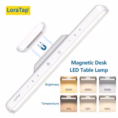 LoraTap Magnetic LED Desk Lamp with adjustable brightness and color temperature, designed for reading, printing, and bedside use.