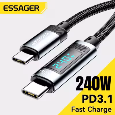 Câble USB-C vers USB-C Essager pour charge rapide PD 3.1 240W, câble de 2m pour ordinateurs portables, téléphones et tablettes.