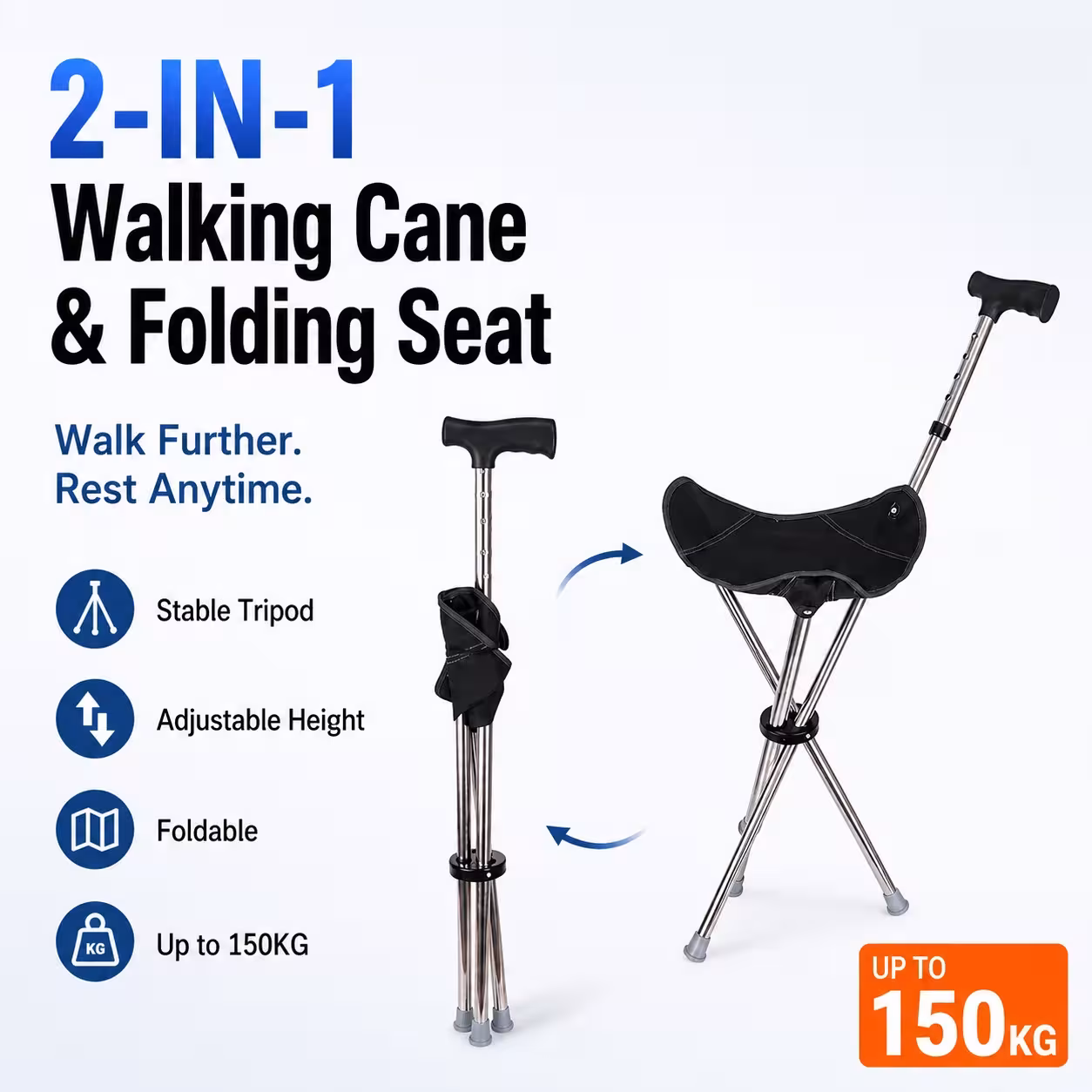 Bastón trípode ajustable para caminar, con asiento abatible, protección antideslizante y anticaída, ideal para personas mayores