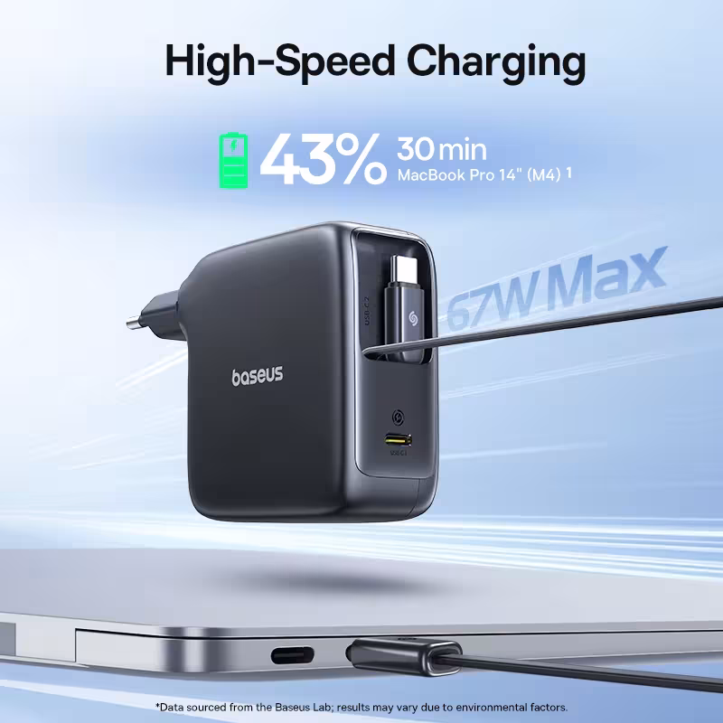 Baseus EnerCore 67W GaN Ladegerät mit abnehmbarem USB-C Kabel, unterstützt PD QC PPS Protokolle