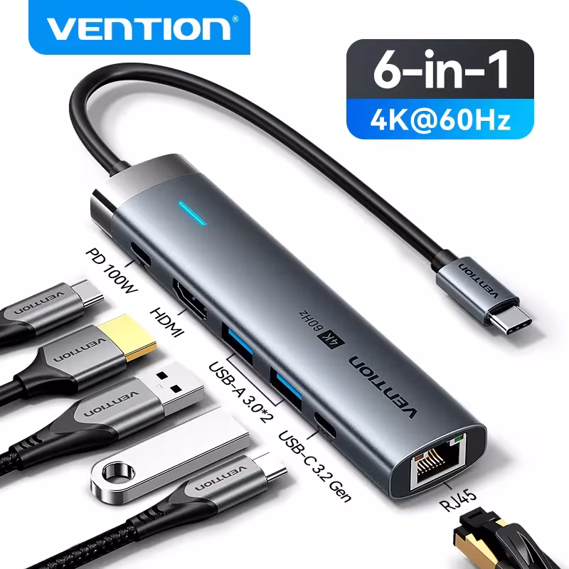 Adaptador Vention USB-C a HDMI 4K60Hz, RJ45, PD 100W, para MacBook, iPad, PC Samsung