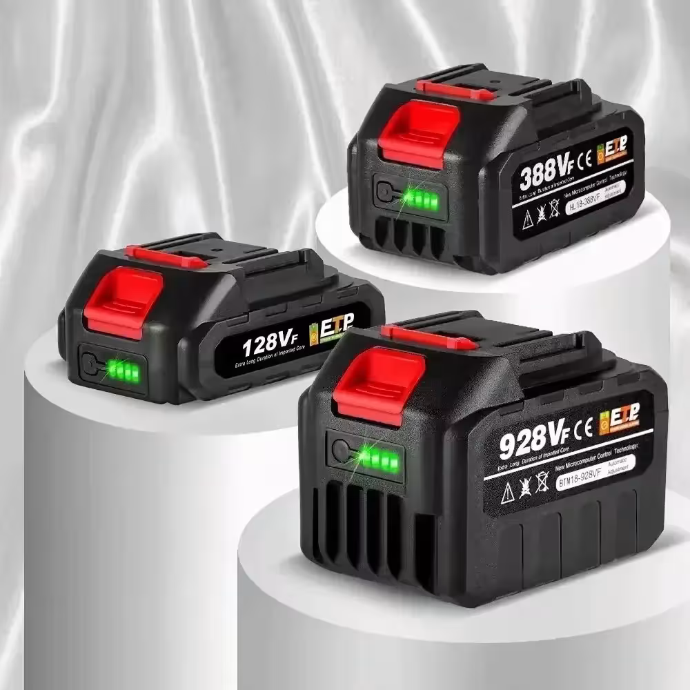 Batterie lithium-ion rechargeable 20V avec indicateur de charge, prise européenne, pour tronçonneuse et perceuse.