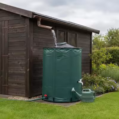 Foldable 250L rainwater tank with lid, tap, and filter for garden irrigation and car washing.