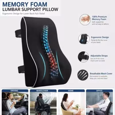 Ergonomic orthopedic lumbar support pillow made of memory foam for car and office chairs, to relieve back pain.