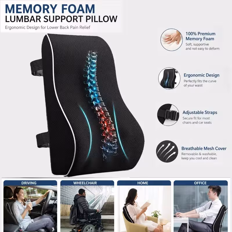 Almohadilla ergonómica y ortopédica para el soporte lumbar, fabricada con espuma viscoelástica, ideal para automóviles y sillas de oficina, para aliviar el dolor de espalda.
