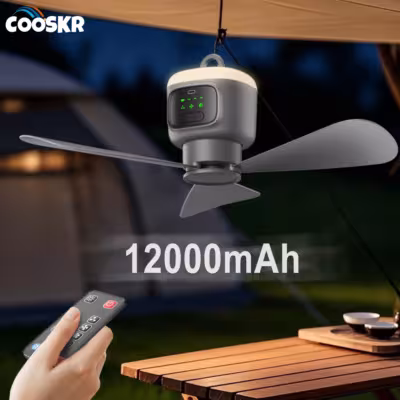 Ventilateur de toit portable 12000mAh pour camping en plein air avec LED et télécommande