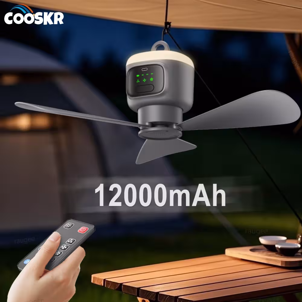 12000mAh Nešiojamas Stogo Ventiliatorius Lauko Kempingui su LED ir Nuotoliniu Valdymu