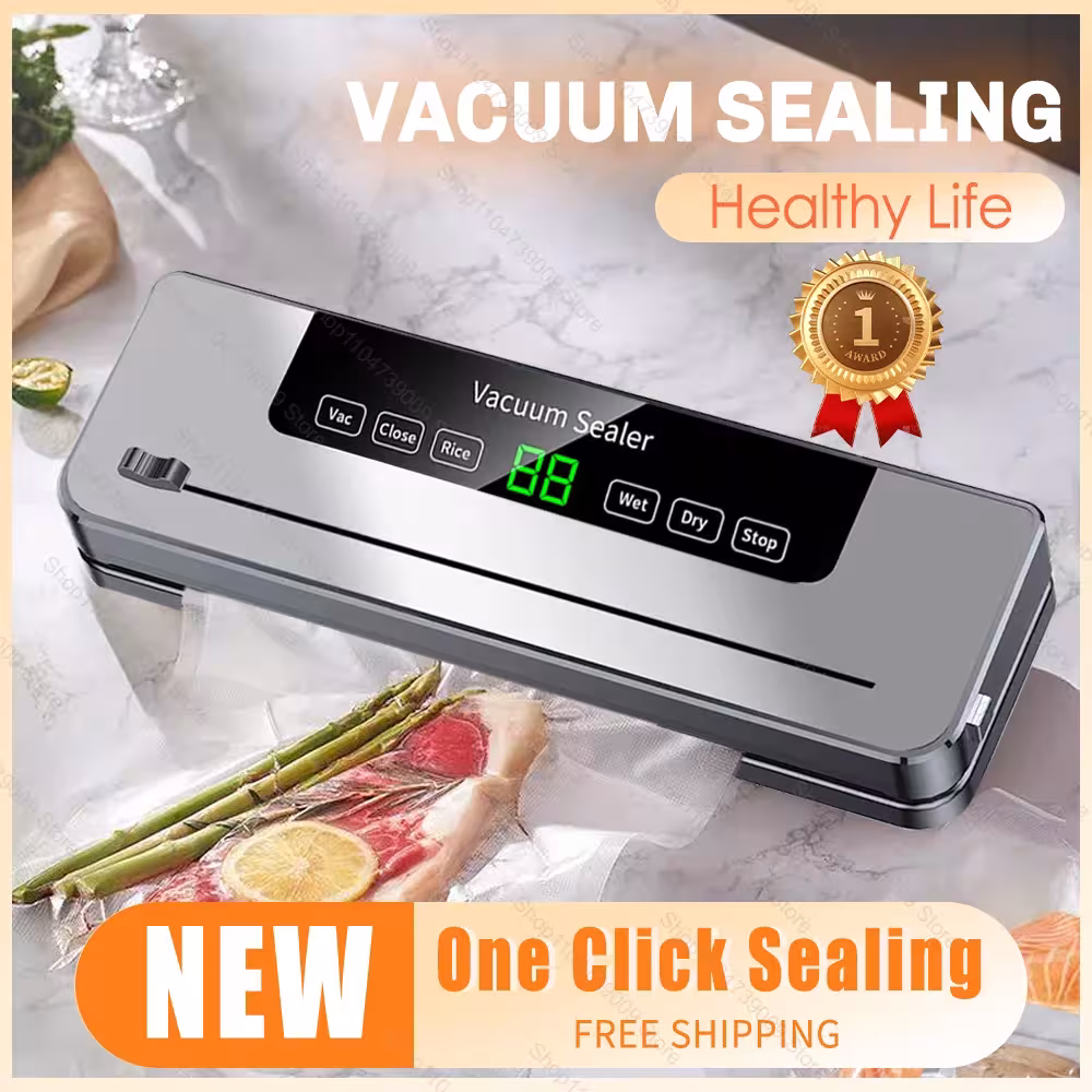 Envasadora al vacío eléctrica con cuchillo integrado, pantalla táctil, para alimentos secos y húmedos.
