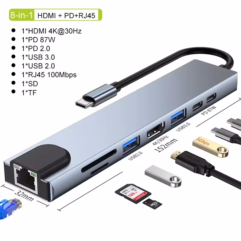 Adaptador USB C 8 en 1 con HDMI 4K, RJ45, lector de tarjetas SD/TF y carga rápida PD