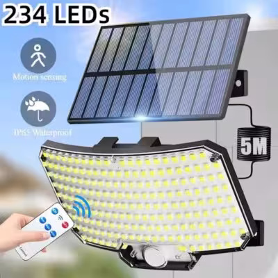 Solar powered outdoor light with 234 LEDs, motion sensor, remote control and IP65 protection.