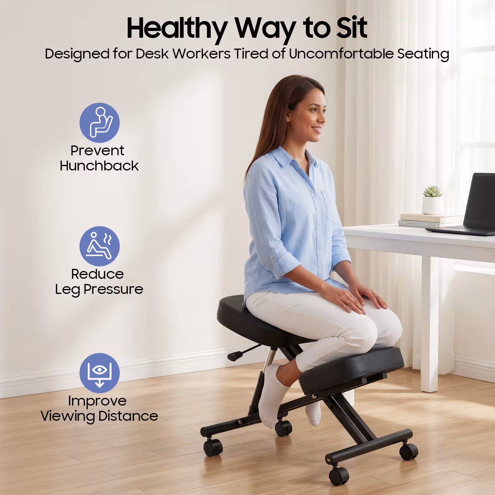 Black ergonomic kneeling chair with lockable wheels, adjustable posture correcting chair for home and office