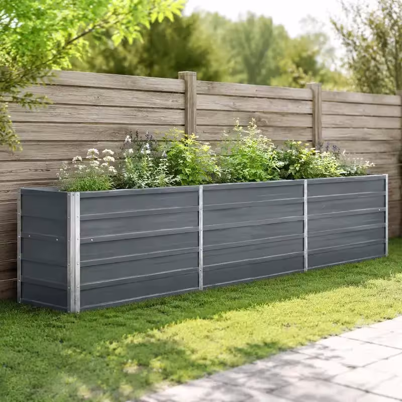 Raised metal garden bed 240x40x77 cm, gray - galvanized steel raised garden bed for terraces, balconies and gardens, for vegetables, herbs and flowers