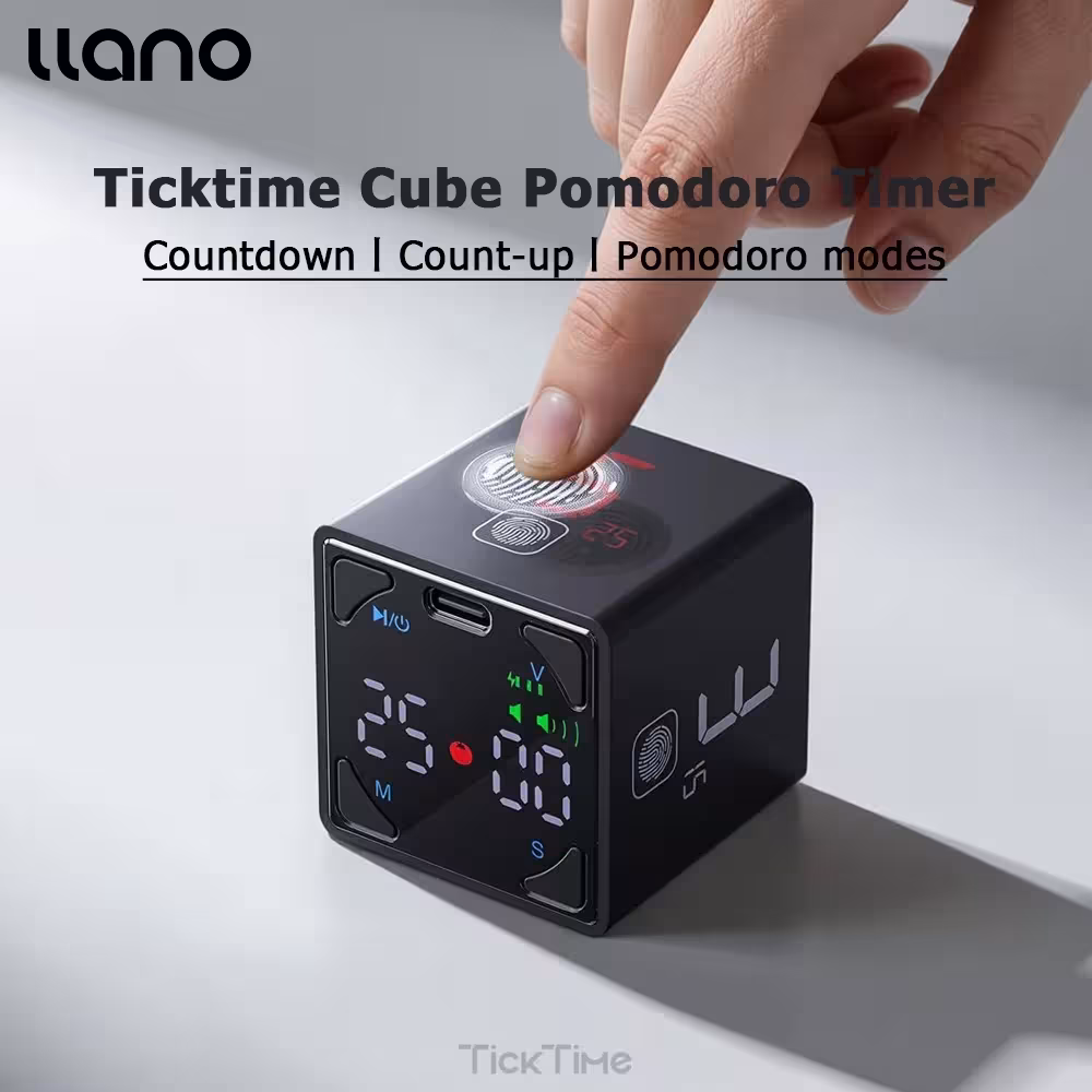 llano Ticktime Pomodoro timer in cube shape with pause function, silent vibration and sound alert, designed for focus training