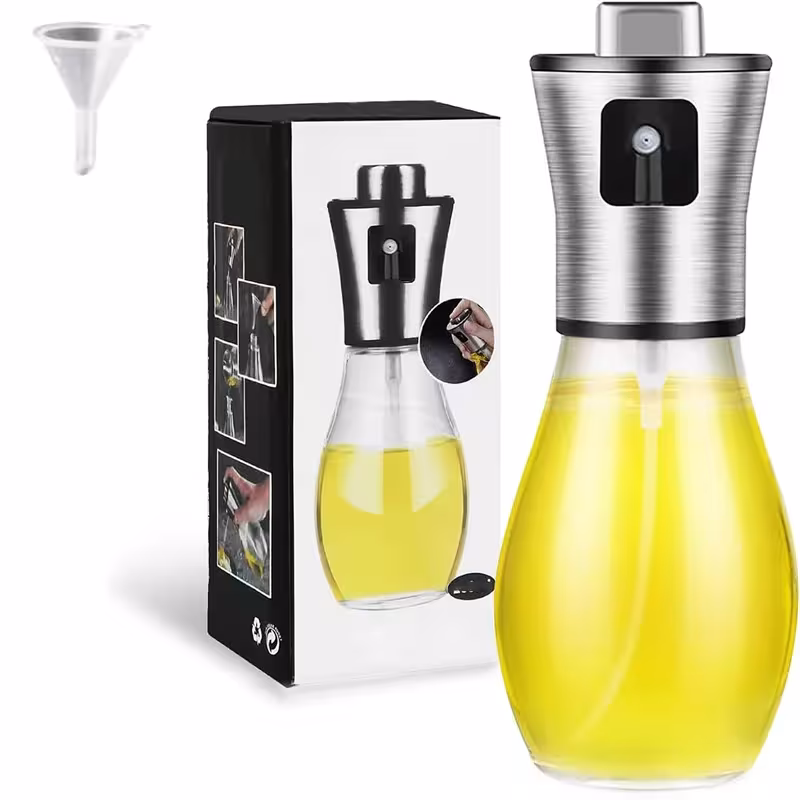 Glass oil sprayer 200ml with funnel, even oil spray for cooking, baking, and grilling