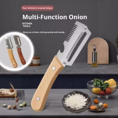 Pelador de patatas de acero inoxidable con mango de madera, una herramienta de cocina versátil para verduras y frutas