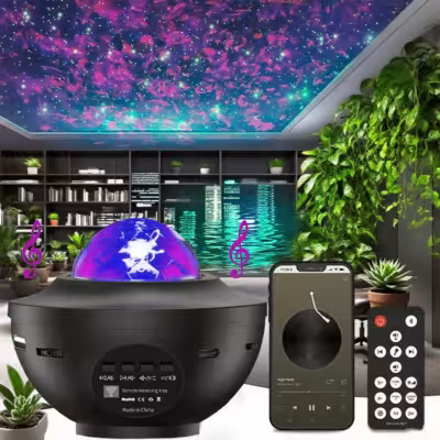 LED starry sky projector with music player, USB power, remote control and ocean wave effect