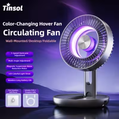 Ventilador de circulación plegable TINSOL de alta velocidad con levitación, 5 modos de velocidad e iluminación LED