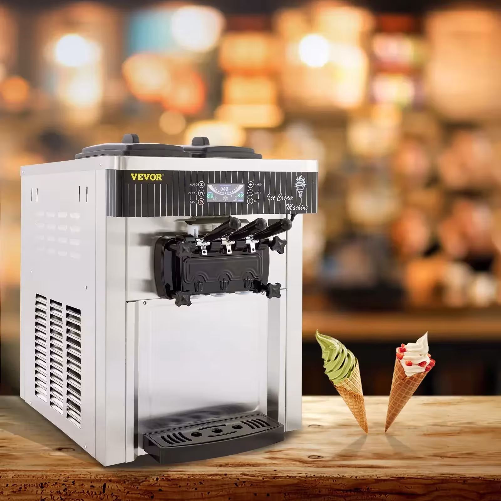 VEVOR profesionalus minkštų ledų aparatas su 2 talpyklomis, 3 skoniais, 1200/2200W kompresoriumi, LCD ekranu