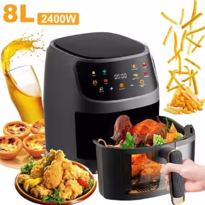 Friteuse à air intelligente de 2400W, capacité de 8L, avec écran tactile LCD et fonction de cuisson sans huile.