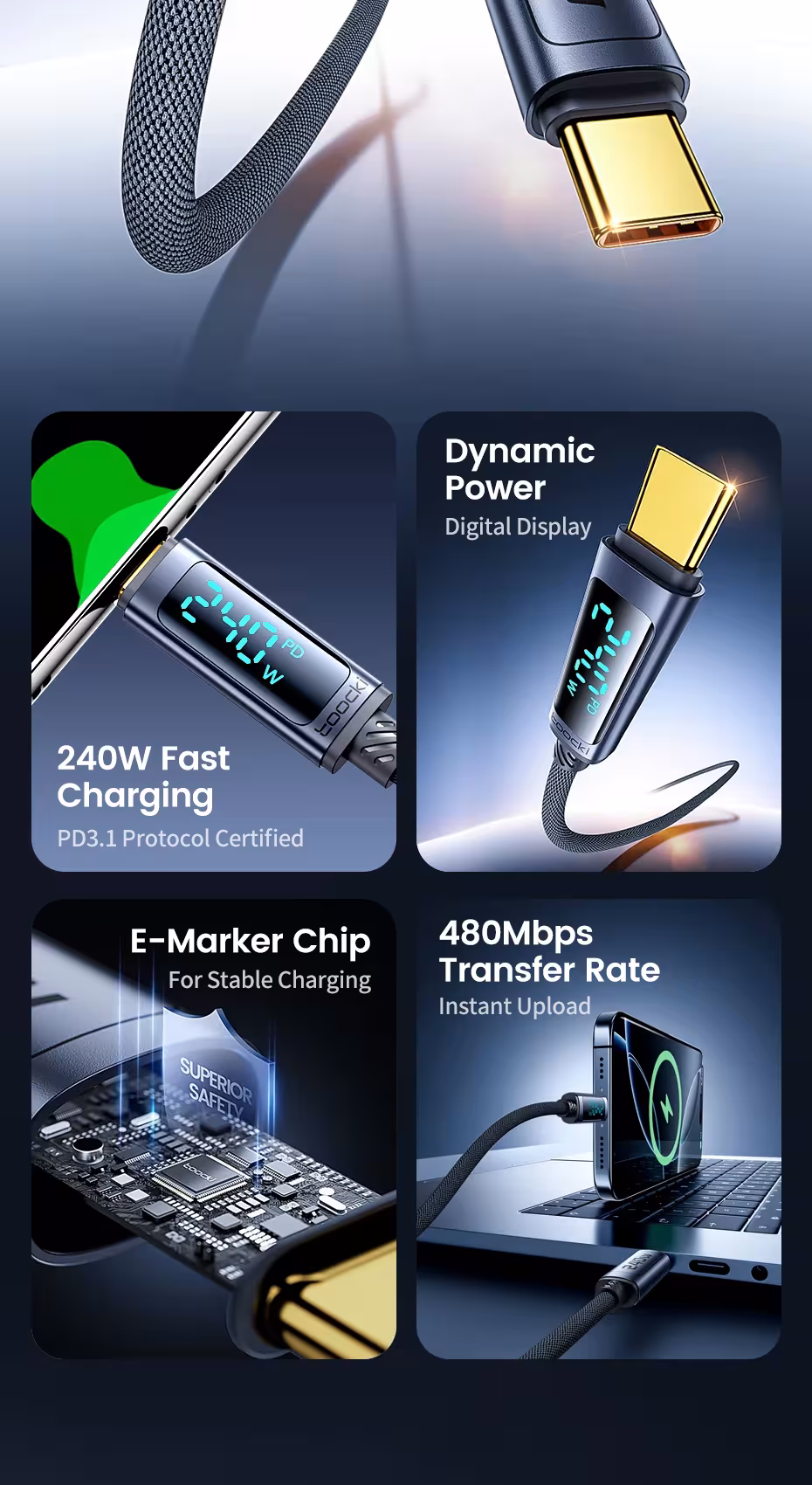 USB C kabelis 240W