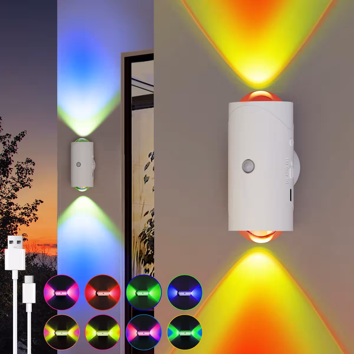 Rechargeable LED night light with motion sensor, RGB gradient lighting, wall sconce