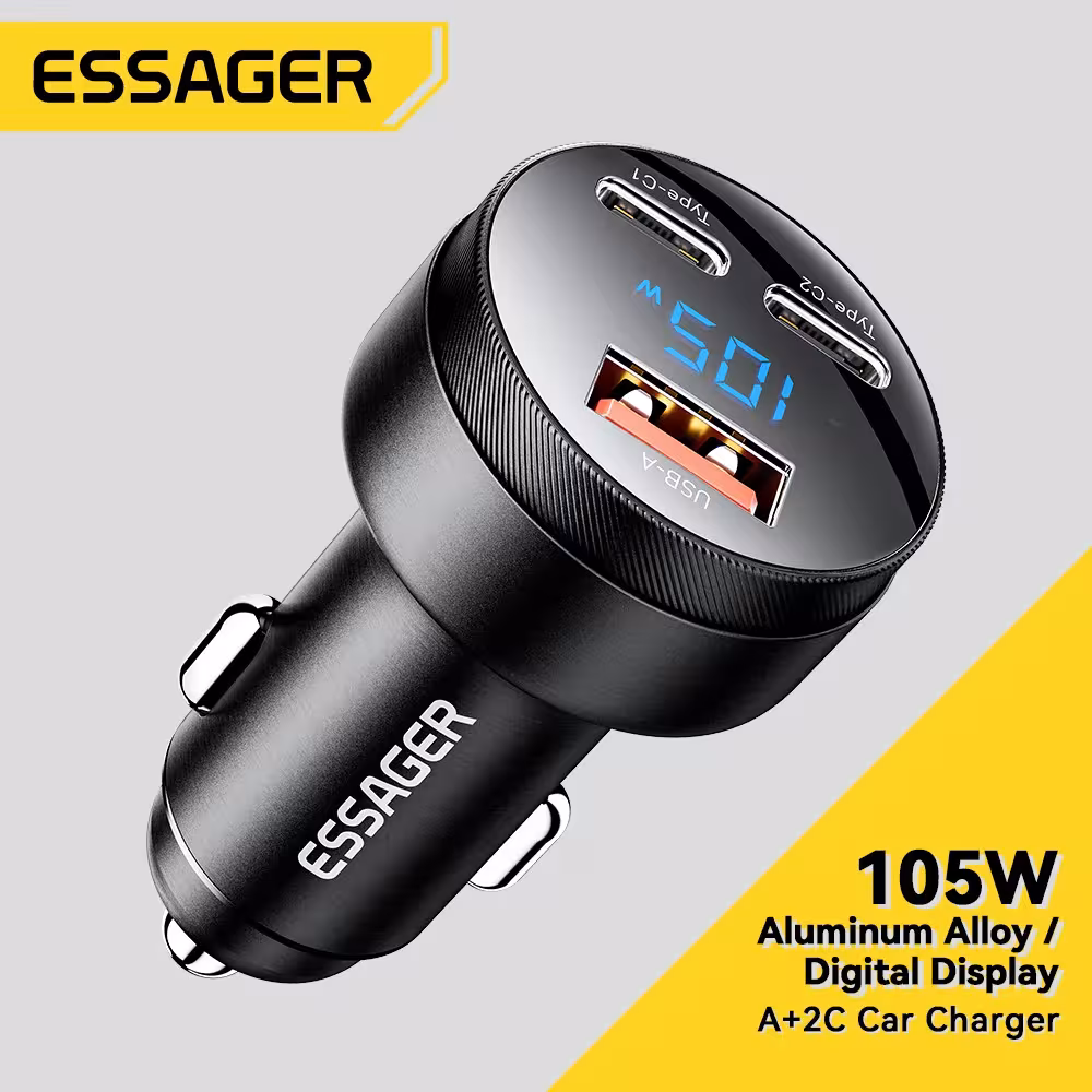Cargador para coche Essager de 105W con pantalla digital, puertos USB A y C, compatible con iPhone, MacBook y Samsung