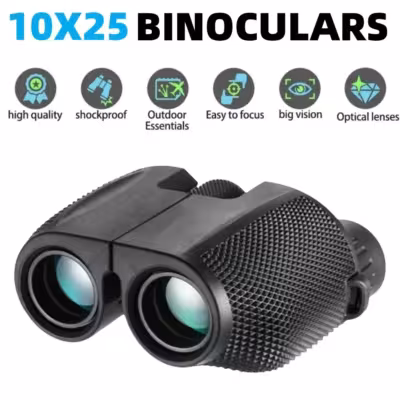 Binoculares compactos de 10x25 HD con prisma BAK4 y revestimiento FMC, ideales para senderismo y caza.