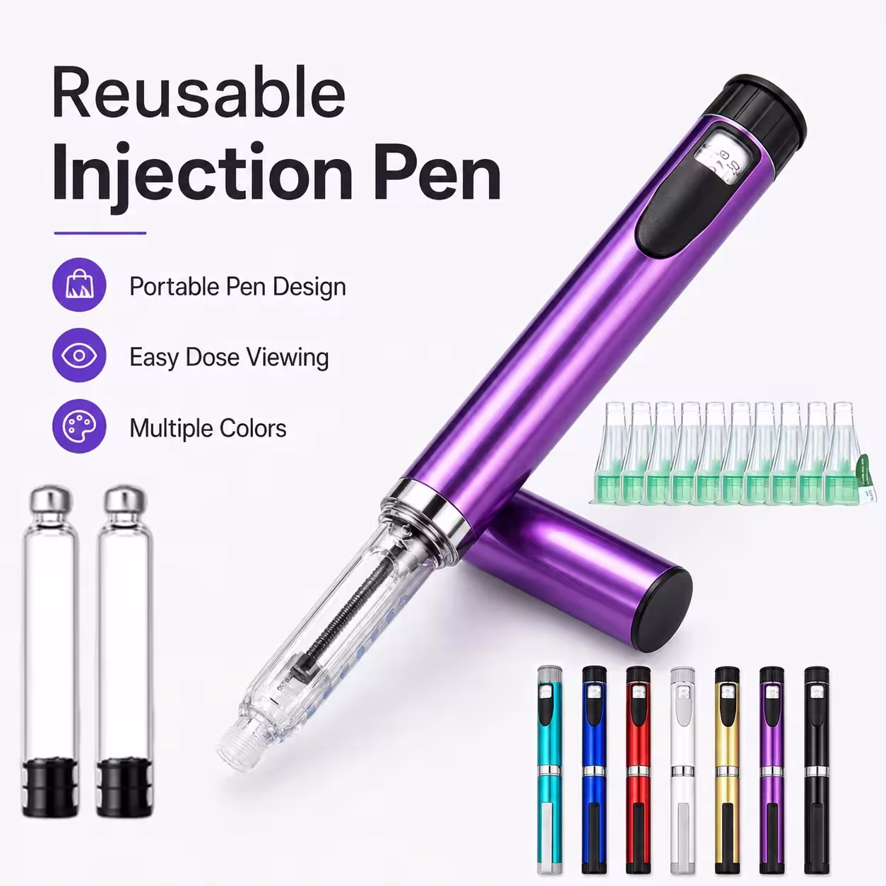 Reusable Metal Syringe with Adjustable Dosage, Compatible with 3ml Cartridges, Portable Insulin Injector