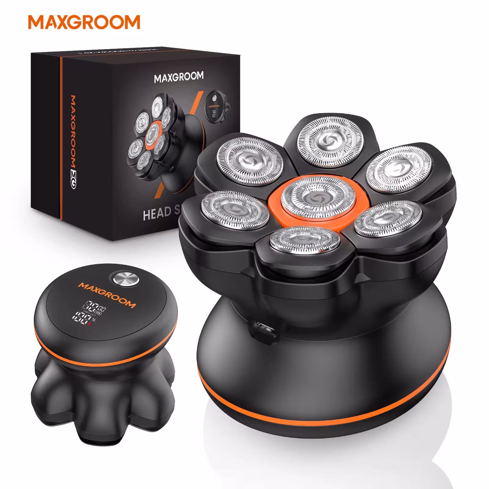 Rasoir électrique 7D MAXGROOM pour barbe et tête, chargement USB, écran LED