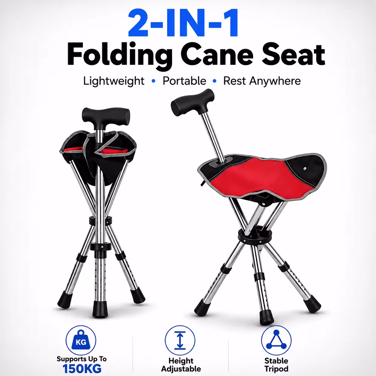 Andador plegable 2 en 1 con asiento, barra telescópica de aluminio para personas mayores, antideslizante, portátil para viajes y camping