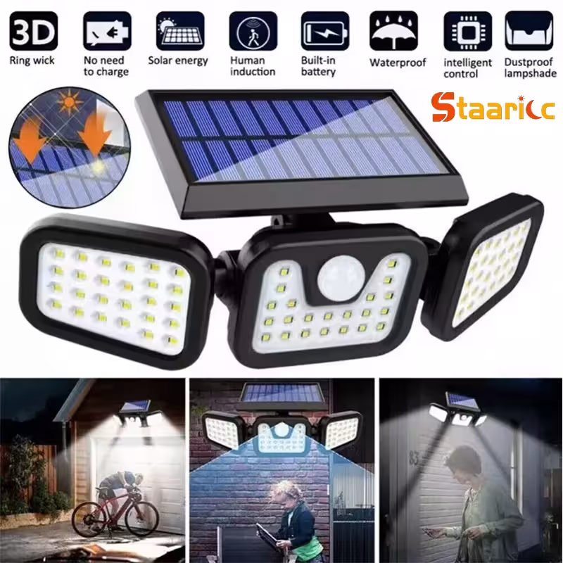 Lampione solare LED esterno con sensore di movimento, 3 teste, angolo di illuminazione di 270°, IP65