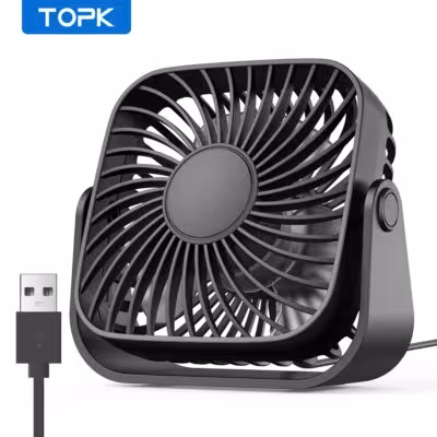 Ventilatore mini USB TOPK da 4 pollici per campeggio, 3 velocità, ventilatore da scrivania silenzioso, regolazione a 360° per la casa