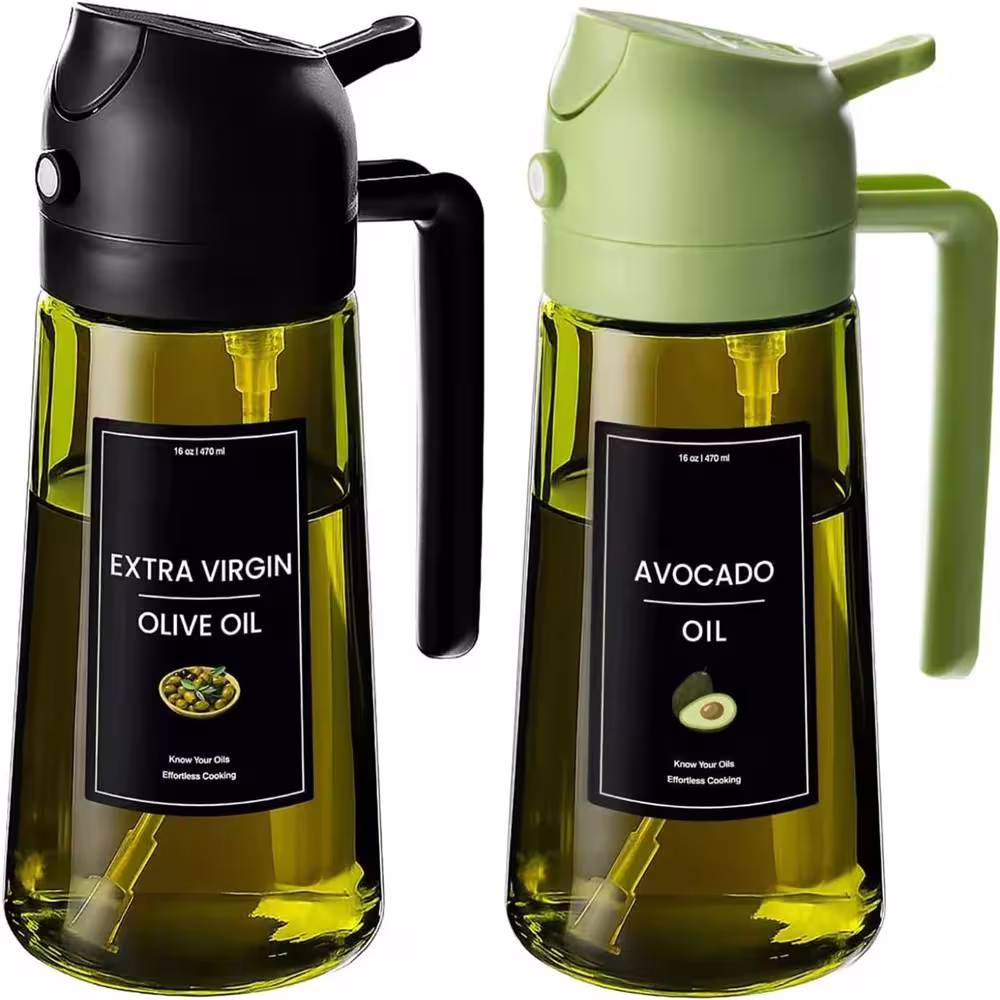 2-in-1 oil dispenser sprayer for cooking, spraying, and pouring, dark green glass bottle with labels, 470ml/16oz