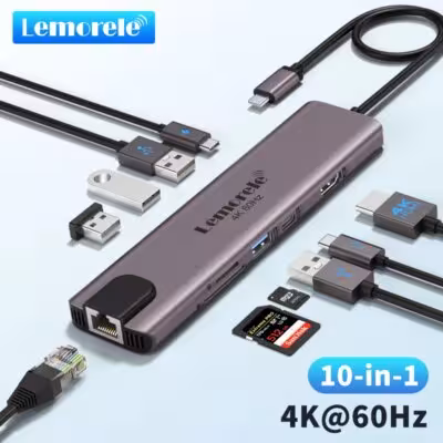Station d'accueil USB C Lemorele 10 en 1 avec HDMI 4K, PD 100W et connecteur RJ45