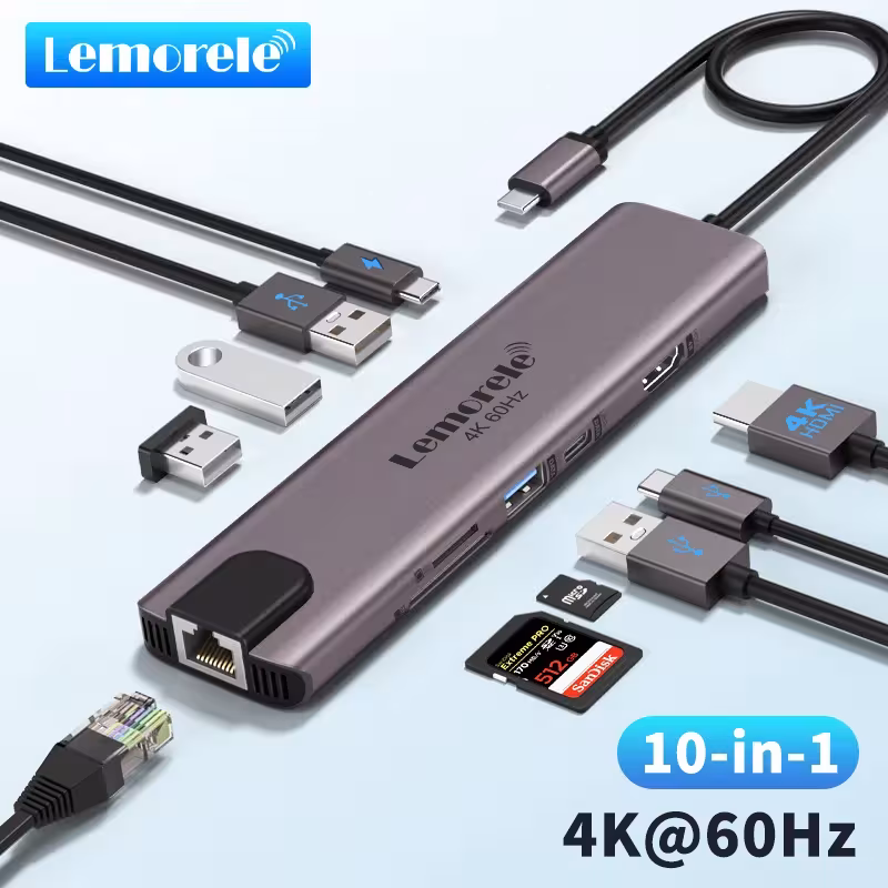 Lemorele 10 in 1 USB C doko stotelė su HDMI 4K, PD 100W ir RJ45 jungtimi