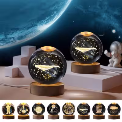 Crystal LED night light with solar system planets, USB powered, wooden base