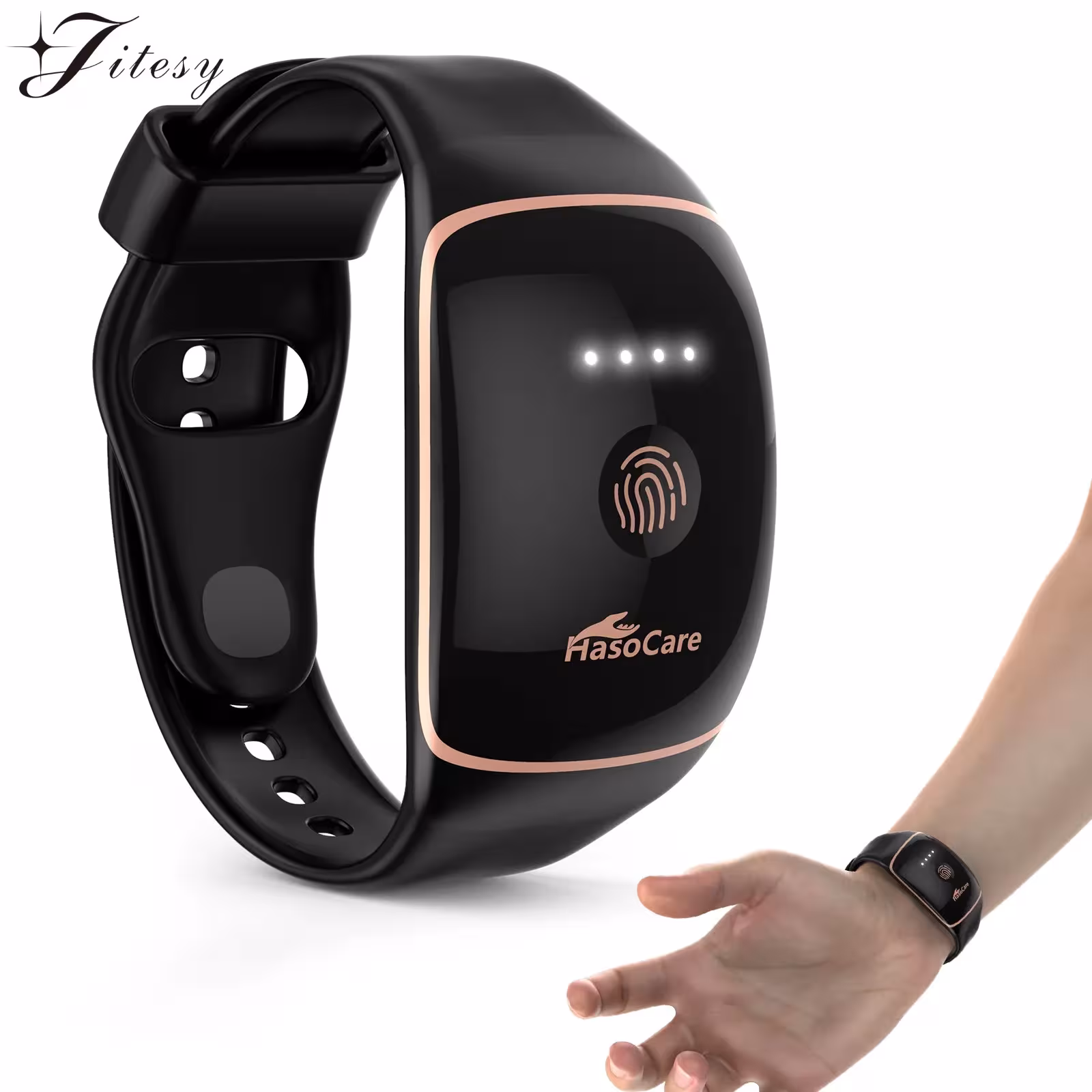 Pulsera acupuntural recargable para aliviar las náuseas y el mareo, ideal para viajes y durante el embarazo.
