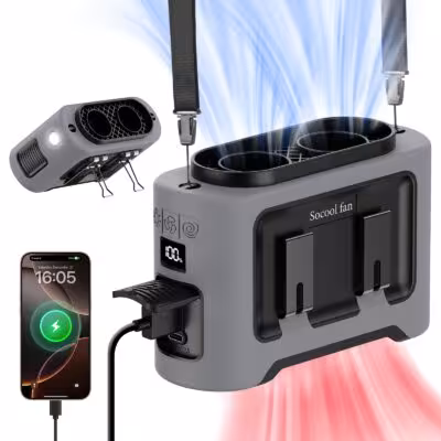 Ventilatore da cintura portatile Socool 14500mAh con doppio flusso d'aria, torcia a LED e 4 clip.