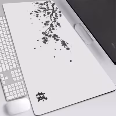 XXL-Mauspad im Anime-Stil mit japanischem Kirschblüten-Sakura-Design, Grau, ideal für Gaming, Büro und Computer