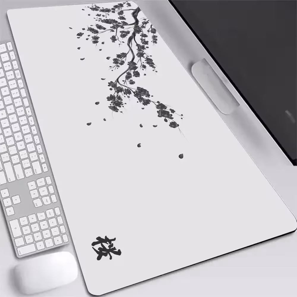 Grand tapis de souris XXL style anime Sakura avec des motifs de fleurs de cerisier japonaises, gris, idéal pour les jeux, le bureau et l'ordinateur.
