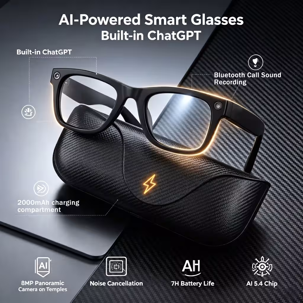 NEW MT5 Smart Glasses with Real-Time Translation, 800W Pixel Camera for Photos and Video Recording