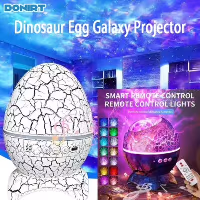 Dinosaur egg galaxy star projector with Bluetooth music and white noise sounds for kids.