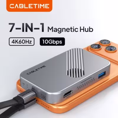 Adattatore magnetico CABLETIME 7in1 USB-C con slot SSD, HDMI 4K60Hz, lettori di schede SD/TF, compatibile con iPhone, MacBook, dispositivi Android