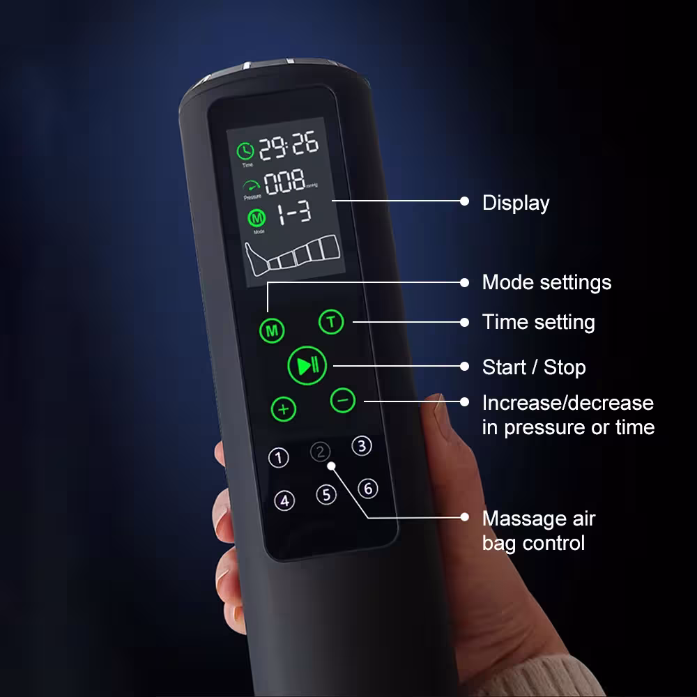 Appareil de massage des pieds et des jambes rechargeable par pressothérapie, appareil de drainage lymphatique à 6 chambres pour favoriser la récupération musculaire.