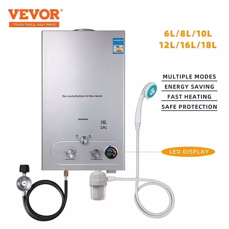 Calentador de agua de grifo VVOR GLP 6-18 litros de acero inoxidable con sistema de ducha