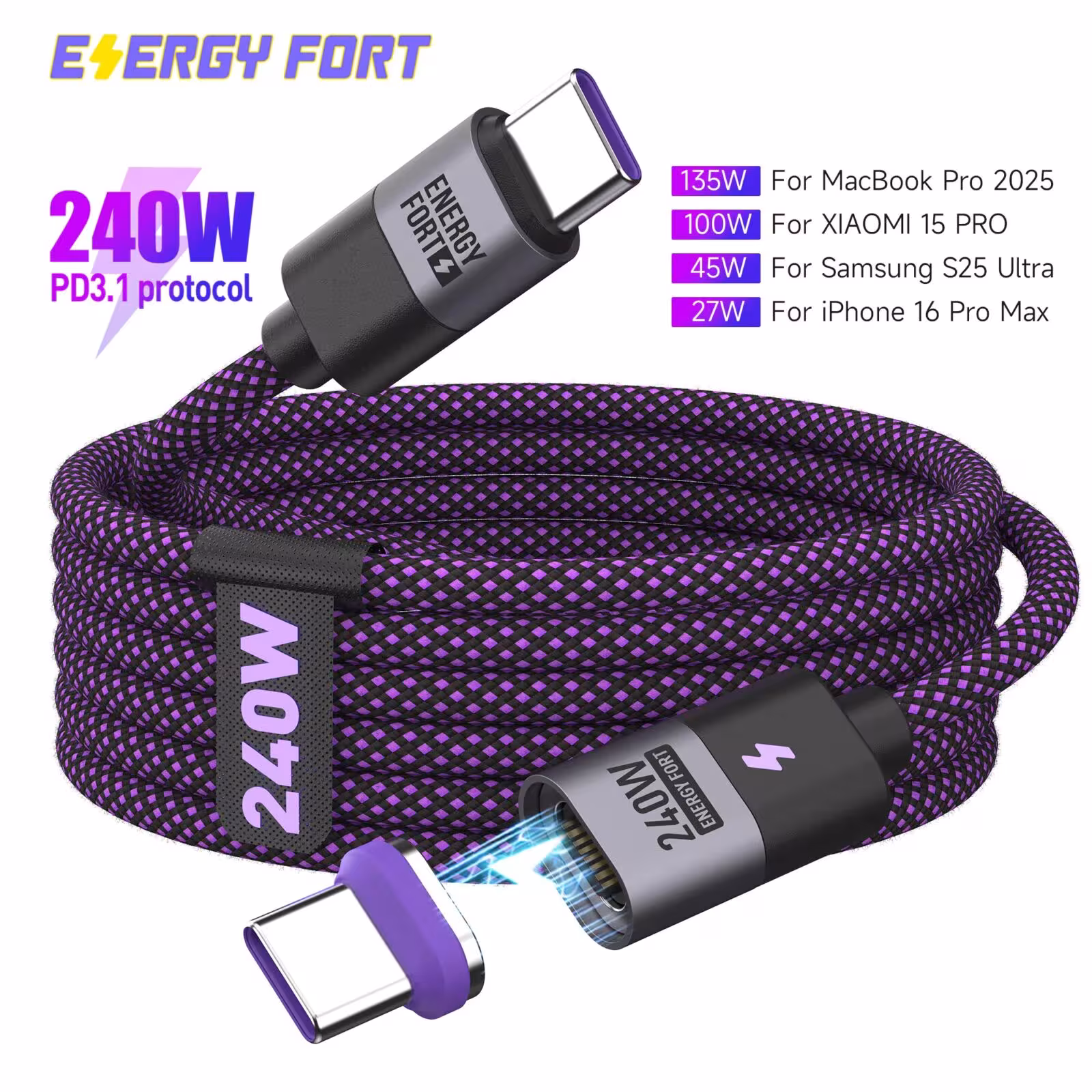 Cavo di ricarica USB C magnetico da 240W, connettori USB C a USB C/Micro USB per telefoni, tablet e computer.
