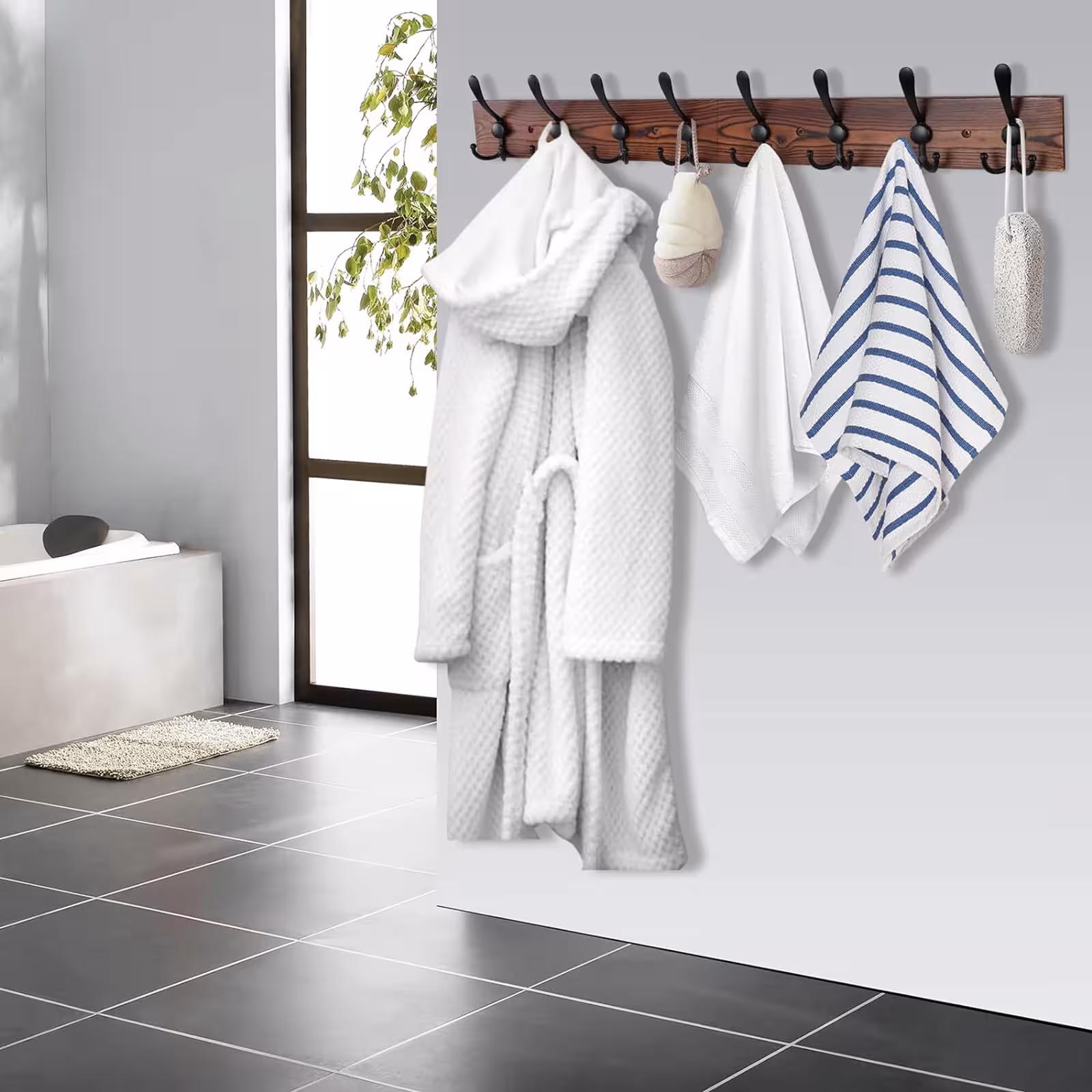 Wall-mounted coat rack with hooks