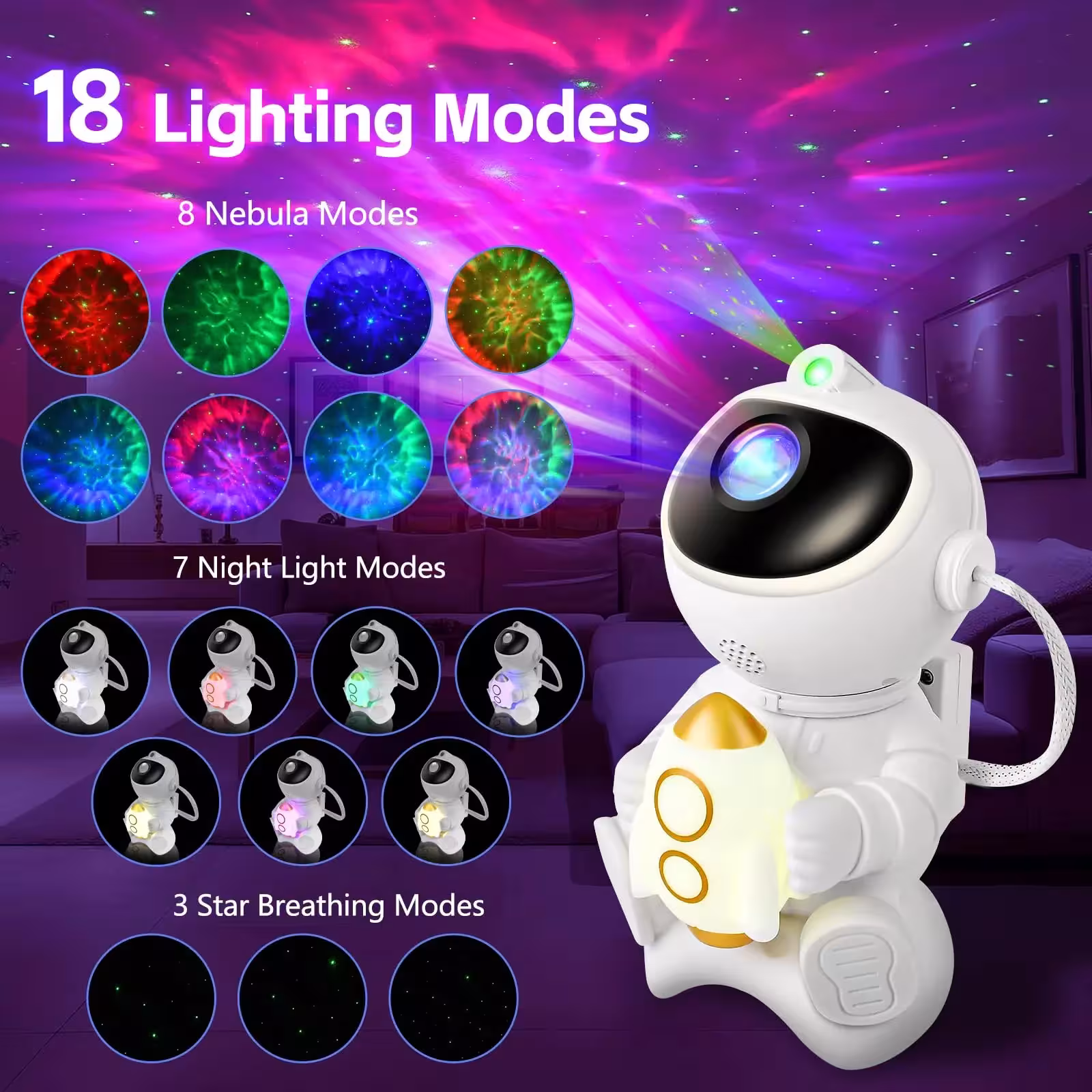 Projecteur de ciel étoilé LED Astronauto avec haut-parleur Bluetooth pour chambre à coucher et chambre d'enfant